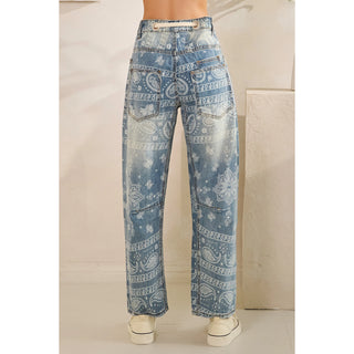 Paisley Patch Print Denim Barrel Jeans