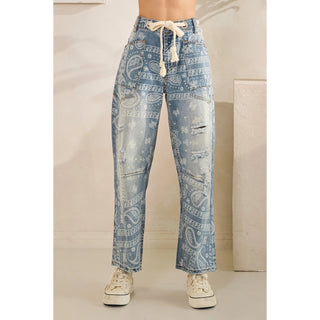 Paisley Patch Print Denim Barrel Jeans