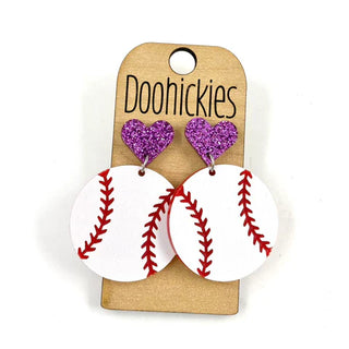 Baseball with Heart Dangle Earrings
