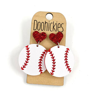 Baseball with Heart Dangle Earrings