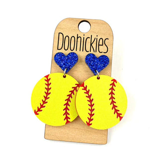 Softball with Heart Dangle Earrings
