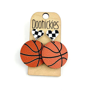 Basketball with Checkered Heart Dangle Earrings - Lil Cattilac
