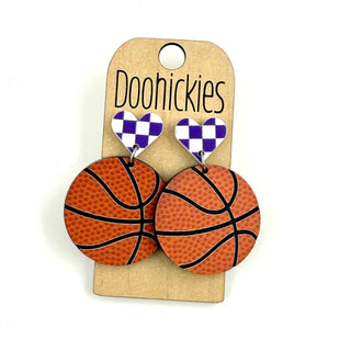 Basketball with Checkered Heart Dangle Earrings - Lil Cattilac