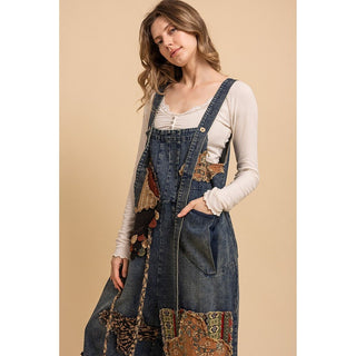 Contrast Patched Denim Overalls