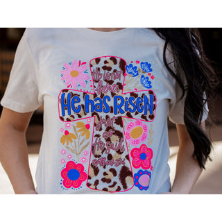 He Has Risen Cross Flowers - Easter Tee