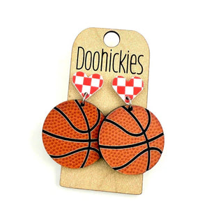 Basketball with Checkered Heart Dangle Earrings - Lil Cattilac