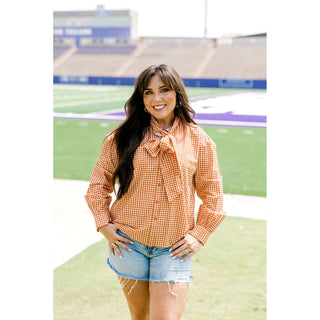 Sadie Orange Check Bowtie Long-Sleeve Top