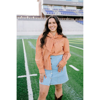 Sadie Orange Check Bowtie Long-Sleeve Top