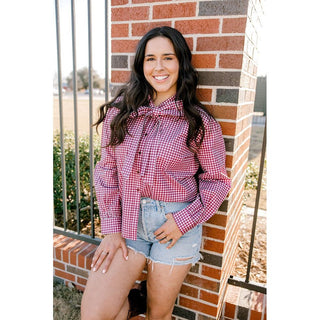 Sadie Maroon Check Bowtie Long-Sleeve Top