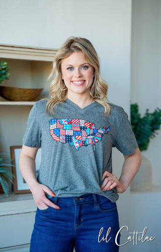 Patchwork USA - V-Neck Patriotic Tee