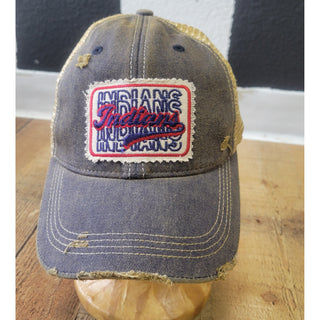Indians Repeat w/ Script Patch Distressed Mesh Cap